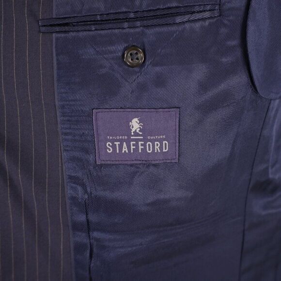 Stafford Super 100s Wool Blue Striped 2 Piece Suit 44R 37/33 Flat Front High Ris - Picture 12 of 16